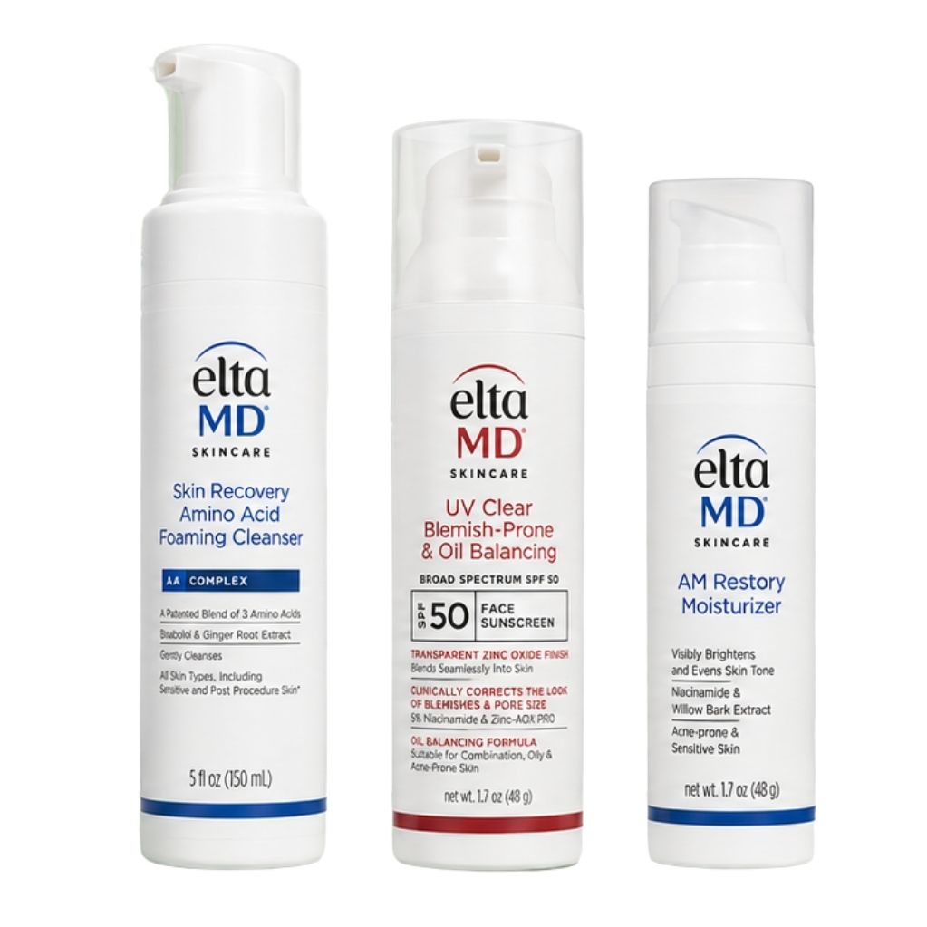 Elta MD Skincare Skin Recovery Amino Acid Foaming Cleanser, UV Clear Blemish-Prone & Oil Balancing SPF 50, and AM Restoration Moisturizer.