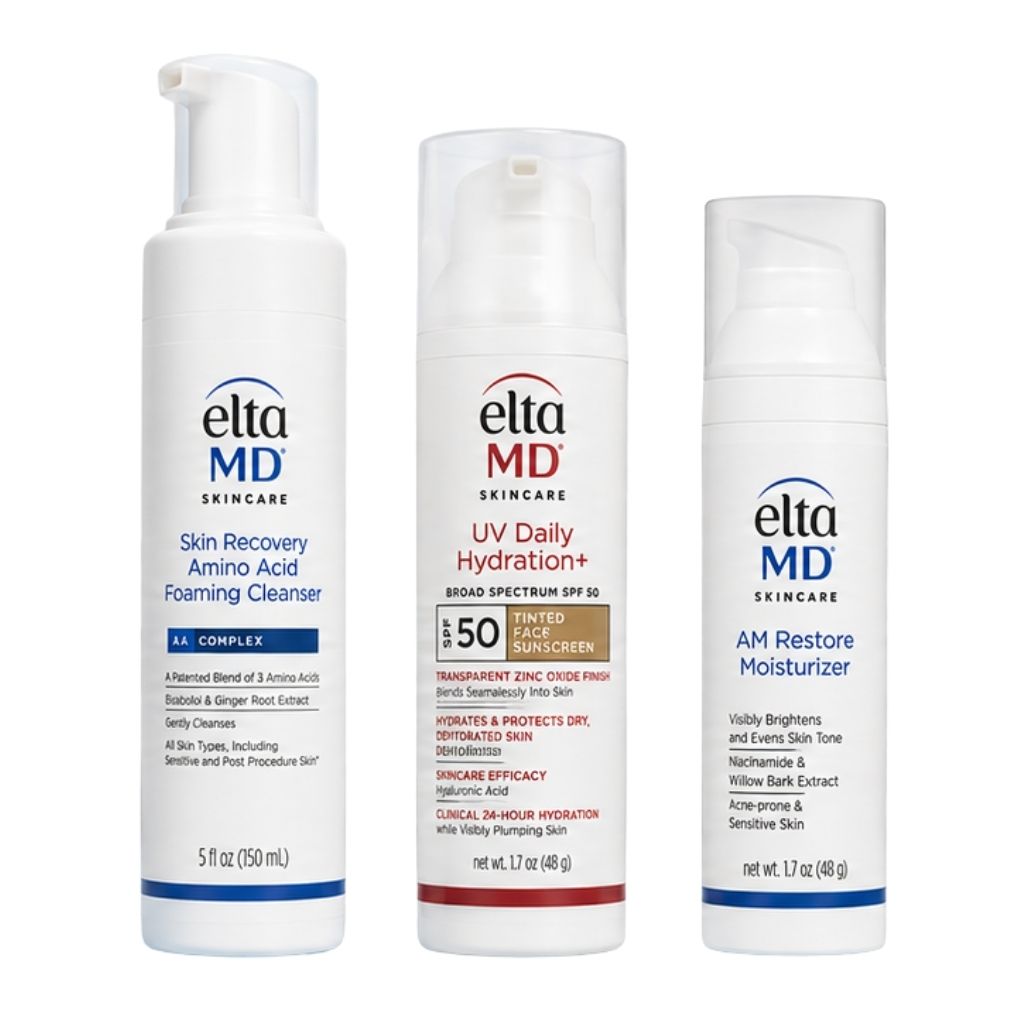 Elta MD Skincare Skin Recovery Amino Acid Foaming Cleanser, UV Daily Hydration+ SPF 50 sunscreen, and AM Restore Moisturizer.