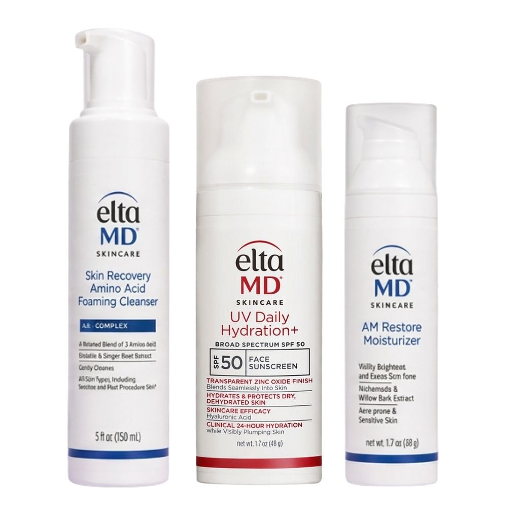 Elta MD Skincare Skin Recovery Amino Acid Foaming Cleanser, UV Daily Hydration+ Face Sunscreen, and AM Restore Moisturizer.